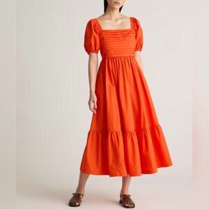 Quince Organic Cotton Orange Midi Dress with Puff Sleeves Size L